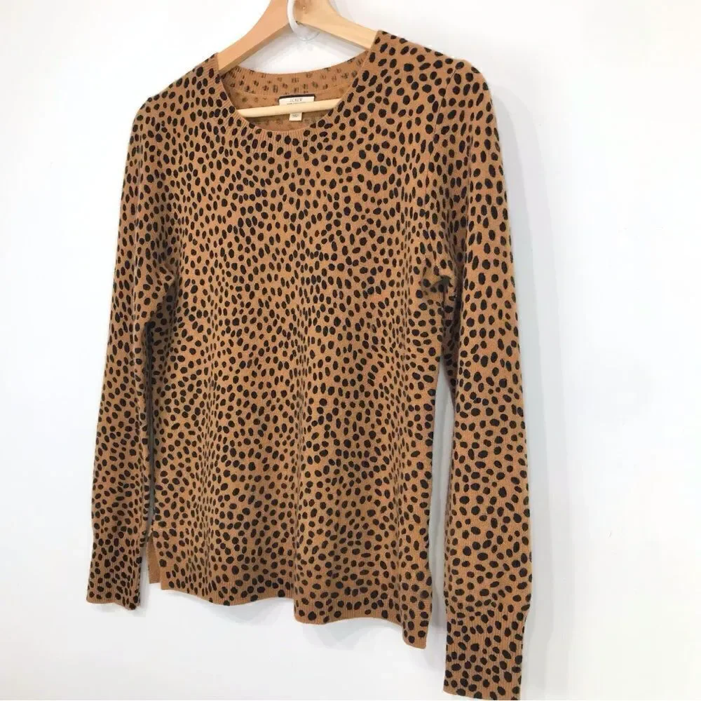 J. Crew LAYLA Camel Tan Black Dot Animal Print 100% Cashmere Crew Neck Sweater